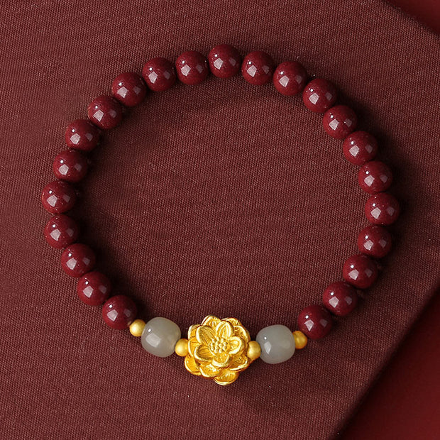 Buddha Stones 999 Sterling Silver Lotus Cinnabar Hetian Jade Blessing Bracelet