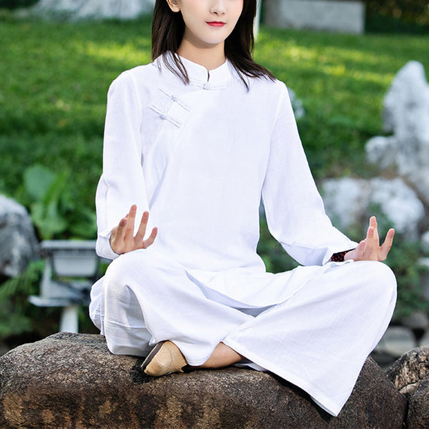 Buddha Stones 2Pcs Plain Long Sleeve Zen Yoga Clothing Meditation Clothing Top Pants Women's Set Clothes BS White (Top&Pants) XXL(Suitable for Weight 72.5-80kg/Height 170-175cm)