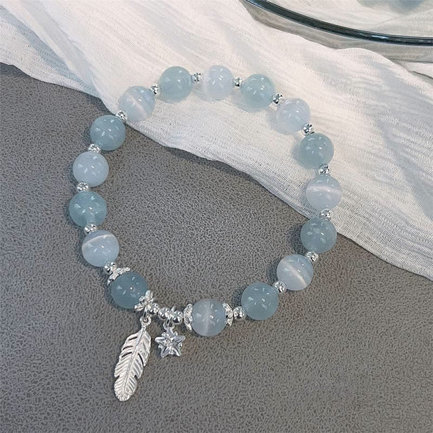 Buddha Stones 925 Sterling Silver Aquamarine Cat's Eye Healing Feather Star Charm Bracelet