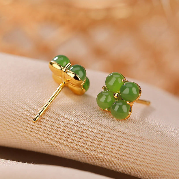 Buddha Stones 925 Sterling Silver Plated Gold Natural Cyan Jade Four Leaf Clover Luck Stud Earrings Earrings BS 2