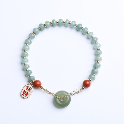 Buddha Stones Natural Hetian Jade Red Agate Peace Buckle Lucky Fortune Bracelet Bracelet BS Hetian Jade(Prosperity♥Abundance)(Wrist Circumference 14-16cm)