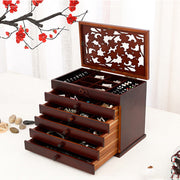 Buddha Stones Vintage Plum Blossom Carved Wooden Jewelry Box Six-Layer Jewelry Storage Box