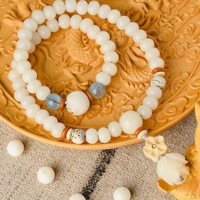 Buddha Stones Tibetan White Jade Bodhi Lotus Blessing Bracelet Bracelet BS Aquamarine