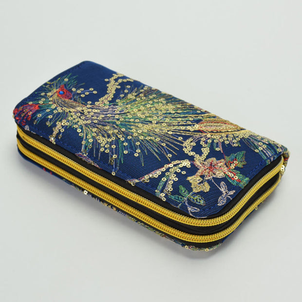 Buddha Stones Peacock Double-sided Embroidery Cash Holder Wallet Shopping Purse Bag BS Dark Blue Peacock