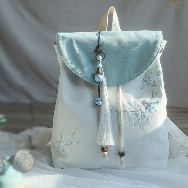 Buddha Stones Handmade Embroidered Large Capacity Canvas Backpack Backpack BS Pear Flower Blossom