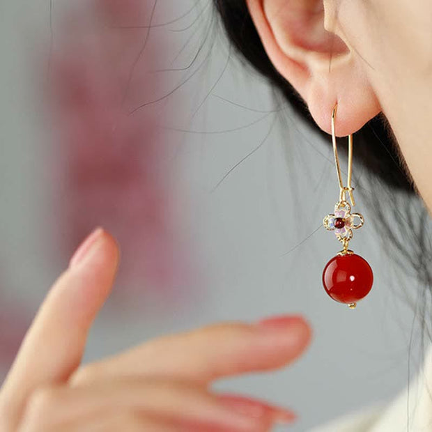 Buddha Stones 925 Sterling Silver Red Agate Flower Beaded Confidence Earrings Earrings BS 3