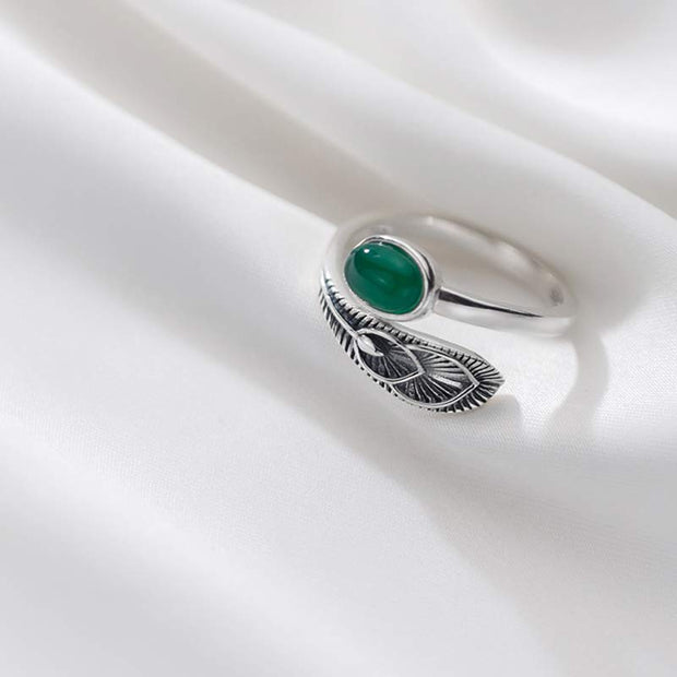 Buddha Stones 925 Sterling Silver Jade Feather Prosperity Adjustable Ring Rings BS 2