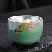 Buddha Stones 999 Sterling Silver Gilding Butterfly Goldfish Lotus Koi Fish Ceramic Teacup Kung Fu Tea Cup 120ml