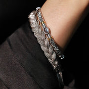 Buddha Stones 925 Sterling Silver Tang Dynasty Flower Labradorite Design Luck Energy Cuff Bracelet Bangle