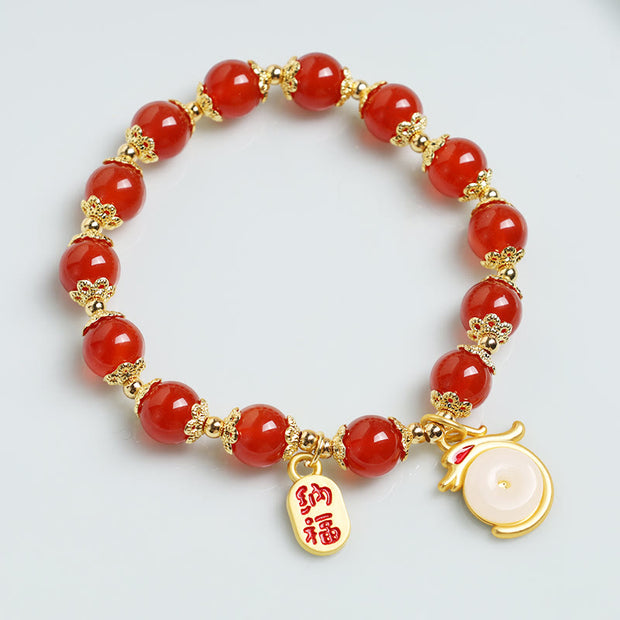 Buddha Stones Year of the Dragon Red Agate Green Aventurine Peace Buckle Fu Character Lucky Fortune Bracelet Bracelet BS 18
