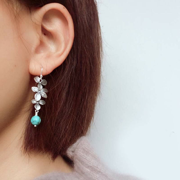 Buddha Stones 925 Sterling Silver Turquoise Lazurite Flower Leaf Serenity Protection Hook Drop Dangle Earrings Earrings BS 1