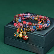 Buddha Stones Colorful Candy Agate Gold Swallowing Beast Family Strength Charm Triple Wrap Bracelet