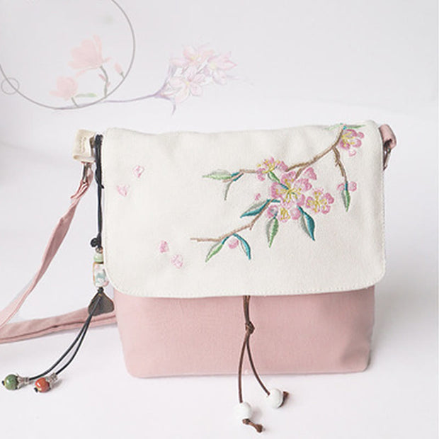 Buddha Stones Handmade Embroidered Plum Flowers Canvas Crossbody Bag Shoulder Bag Handbag Crossbody Bag BS Light Pink Peach Blossom 17*19cm
