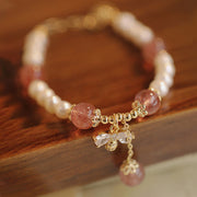 Buddha Stones Natural Pearl Strawberry Quartz Healing Cute Honey Bee Charm Bracelet Bracelet BS 3