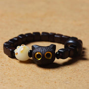 Buddha Stones Ebony Wood Cute Cat Bodhi Seed Paw Claw Square Beads Calm Bracelet Bracelet BS 4