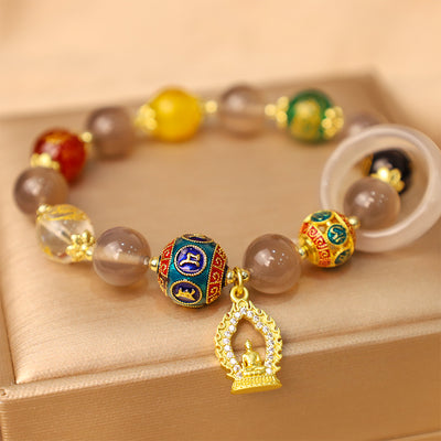 Buddha Stones Natural Gray Agate Five Directions Gods of Wealth Om Mani Padme Hum Buddha Charm Bracelet