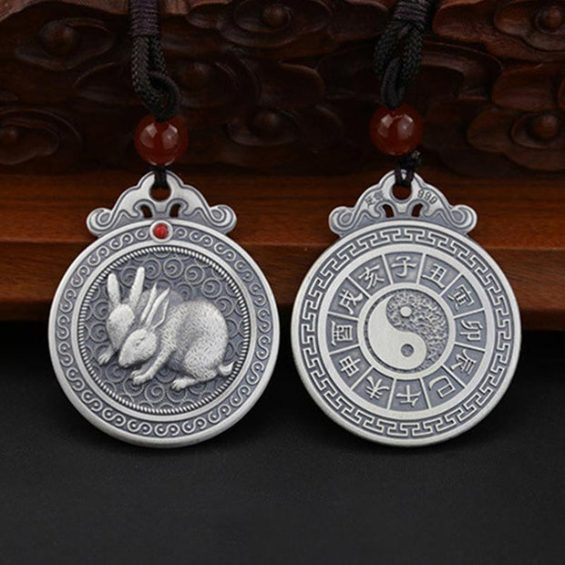 Buddha Stones 999 Sterling Silver Chinese Zodiac Yin Yang Balance Necklace Pendant Necklaces & Pendants BS Rabbit