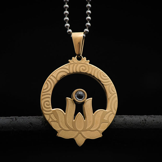 Buddha Stones Lotus Titanium Steel Enlightenment Projection Shurangama Mantra Necklace Pendant