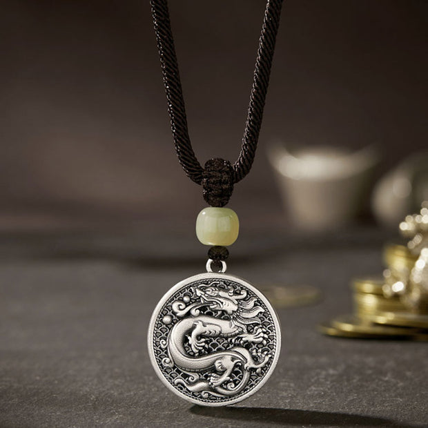 Buddha Stones 999 Sterling Silver Year of the Dragon Fu Character Hetian Jade Success Necklace Pendant Necklaces & Pendants BS 2
