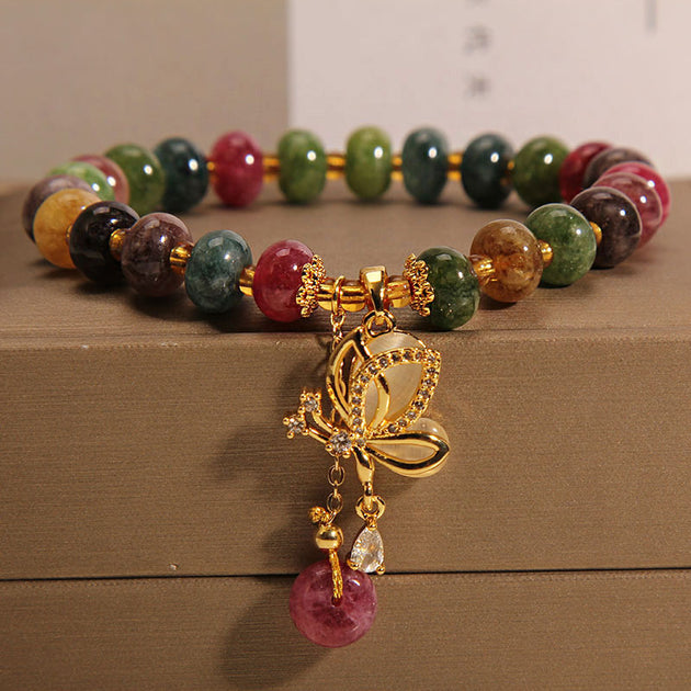 Buddha Stones Colorful Tourmaline Butterfly Charm Wisdom Bracelet ...