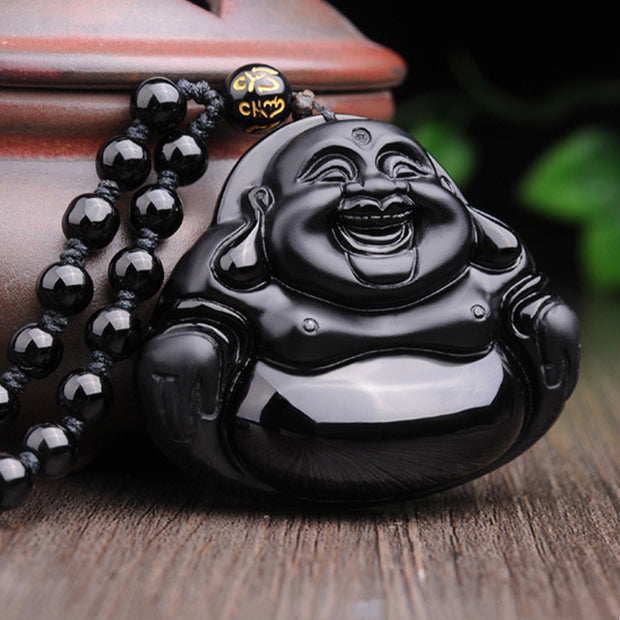 Buddha Stones Laughing Buddha Black Obsidian Transformation Pendant Necklace Necklaces & Pendants BS 1