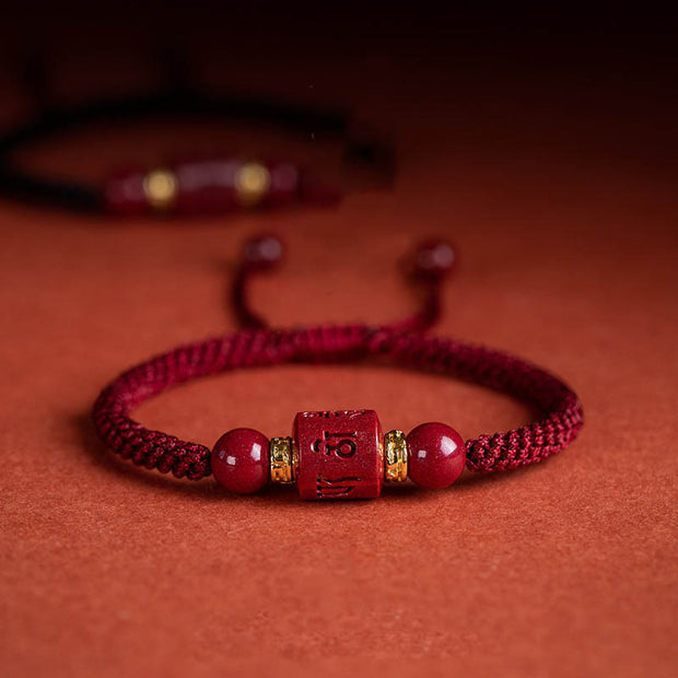 Buddha Stones Tibet Cinnabar Om Mani Padme Hum Engraved Blessing Braided Bracelet Bracelet BS 3