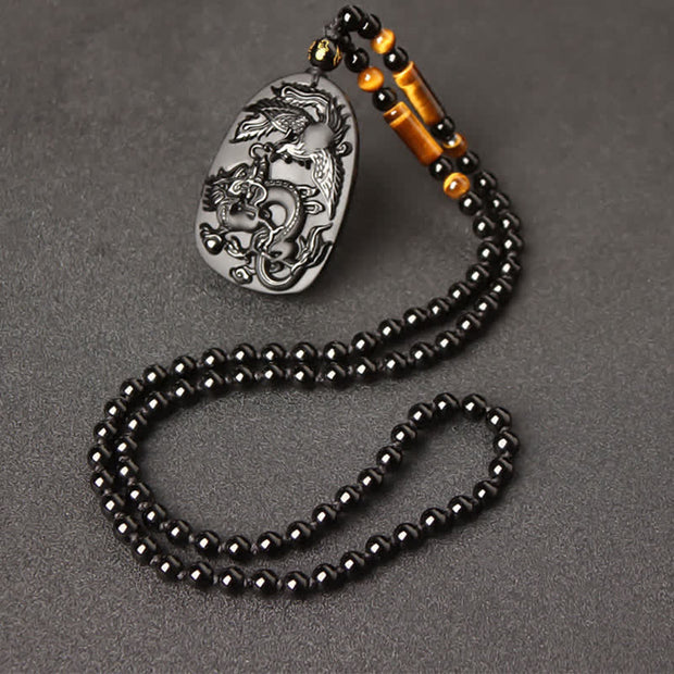 Buddha Stones Black Obsidian Tiger Eye Dragon Phoenix Protection Beaded Necklace Pendant Necklaces & Pendants BS Obsidian Tiger Eye Bead Chain