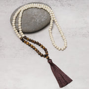 Buddha Stones Semi-Precious Gem Stones Wood Bead Necklace Multicolor Tassel Charms Chain Necklace Bracelet BS Tiger Eye