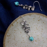Buddha Stones 925 Sterling Silver Turquoise Lazurite Flower Leaf Serenity Protection Hook Drop Dangle Earrings Earrings BS 4