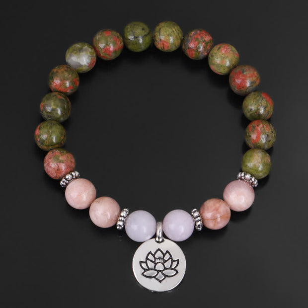 Buddha Stones Natural Unakite Rose Quartz Crystal Sun Stone Lotus Wealth Bracelet