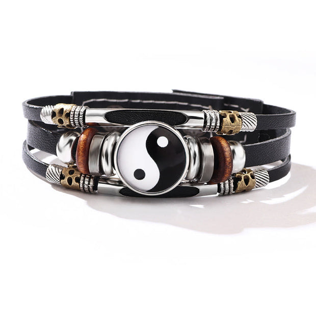 Buddha Stones Yin Yang Leather Balance Bracelet Bracelet BS Black&White(Bracelet Size 21.5+3cm)