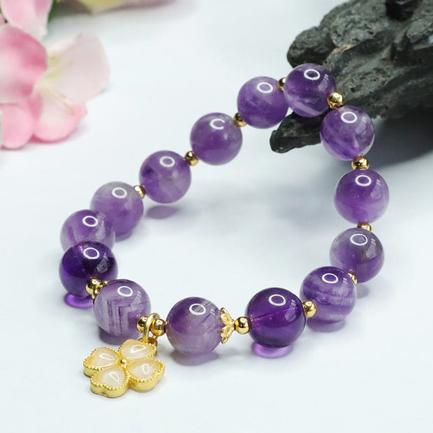 Buddha Stones Natural Amethyst Crystal Inner Peace Four Leaf Clover Charm Bracelet