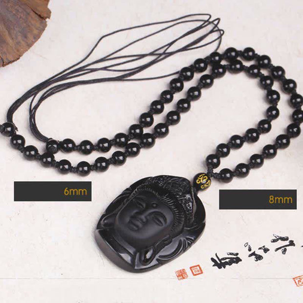 Buddha Stones Natural Black Obsidian Kwan Yin Avalokitesvara Strength String Necklace Pendant Necklaces & Pendants BS 7
