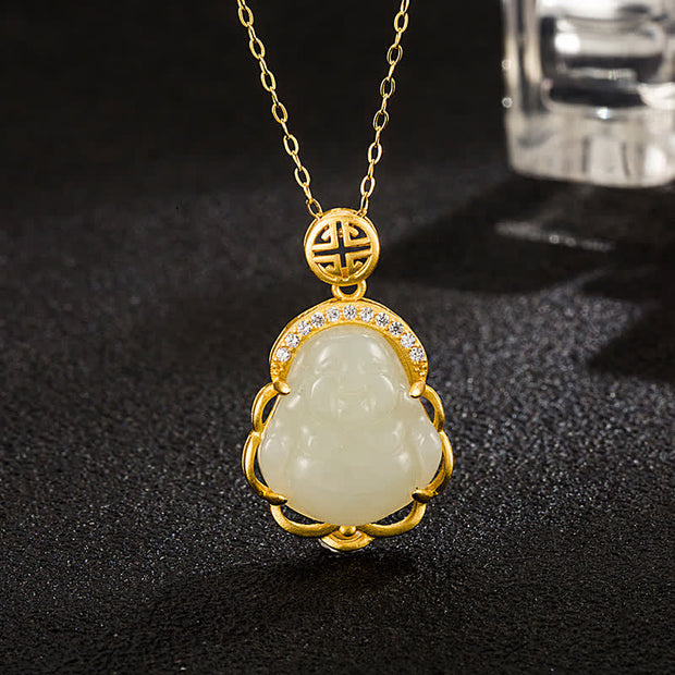 Buddha Stones 925 Sterling Silver Laughing Buddha Hetian White Jade Protection Necklace Pendant Necklaces & Pendants BS Hetian White Jade(Protection♥Happiness)