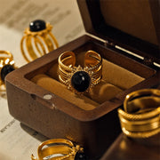 Buddha Stones 18K Gold Plated Black Obsidian Titanium Steel Strength Ring Ring BS 3