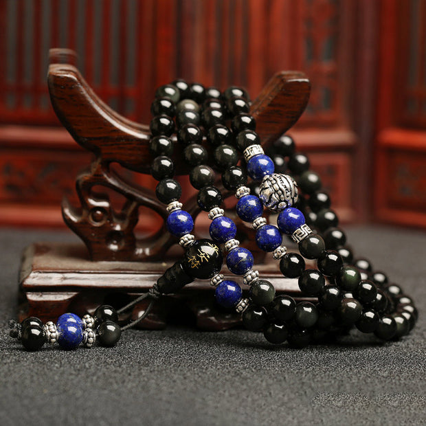 Buddha Stones 108 Beads Black Obsidian Tiger Eye Lazurite Mala Bracelet Mala Bracelet BS 6