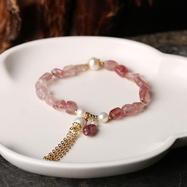 Buddha Stones Natural Strawberry Quartz Pearl 14k Gold Plated Love Healing Bracelet