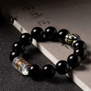 Buddha Stones Black Obsidian Om Mani Padme Hum Transformation Bracelet Bracelet BS 14mm Gold