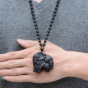 Buddha Stones Black Obsidian Elephant Protection Strength Necklace Pendant Necklaces & Pendants BS 3