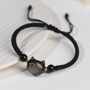 Buddha Stones Handmade Natural Silver Sheen Obsidian Strawberry Quartz Cute Cat Protection Braided Bracelet Bracelet BS 2