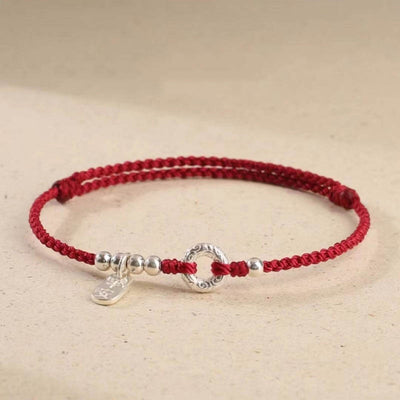 Buddha Stones 925 Sterling Silver Auspicious Clouds Peace Buckle Safe And Sound Bracelet Anklet Bracelet BS Dark Red Anklet(Circumference 16-26cm)