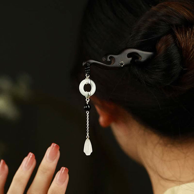 Buddha Stones 925 Sterling Silver Hetian White Jade Ebony Wood Protection Hairpin Hairpin BS 2
