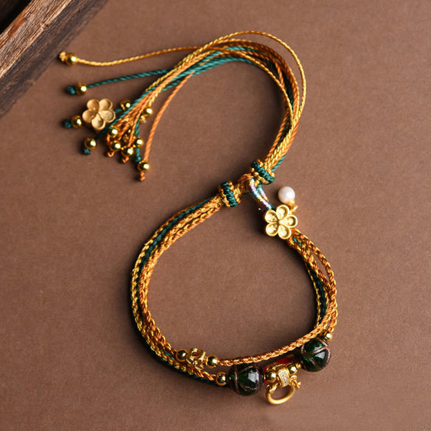Buddha Stones Tibetan Handmade Rope Liuli Glass Bead Braided Multilayered Healing Bracelet