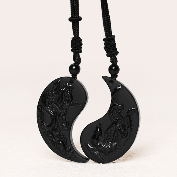COAI Pendentifs Pour Couples Yin Yang Dragon Phénix En Obsidienne - Colliers Harmonie & Amour