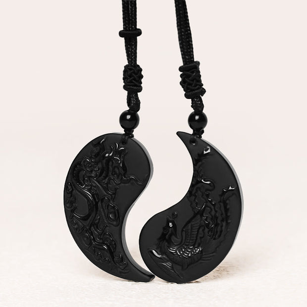 Buddha Stones Black Obsidian Yin Yang Dragon Phoenix Luck Necklace Pendant Necklaces & Pendants BS 1