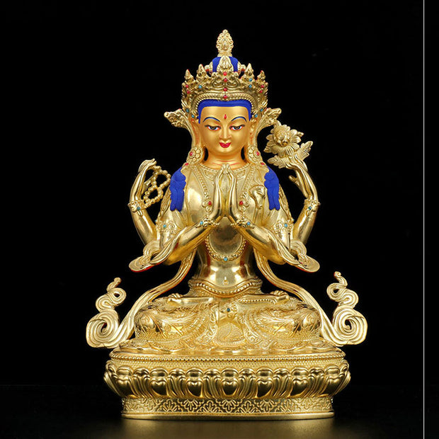 Buddha Stones Chenrezig Four-armed Avalokitesvara Protection Copper Gold Plated Statue Decoration Decorations BS 4