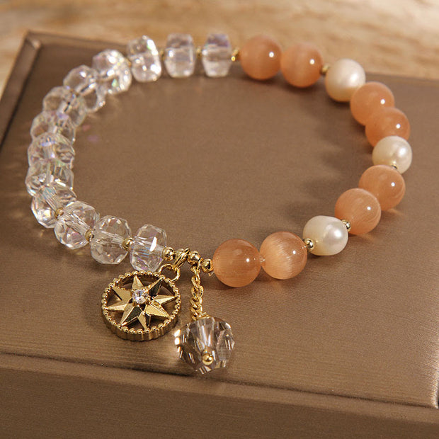 Buddha Stones Orange Cat's Eye White Crystal Star Support Bracelet
