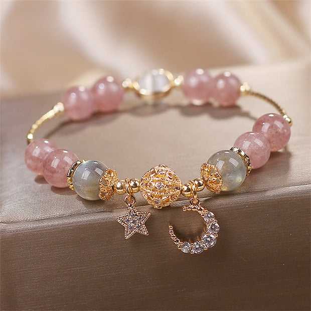 Buddha Stones Strawberry Quartz Moonstone Moon Star Love Bracelet