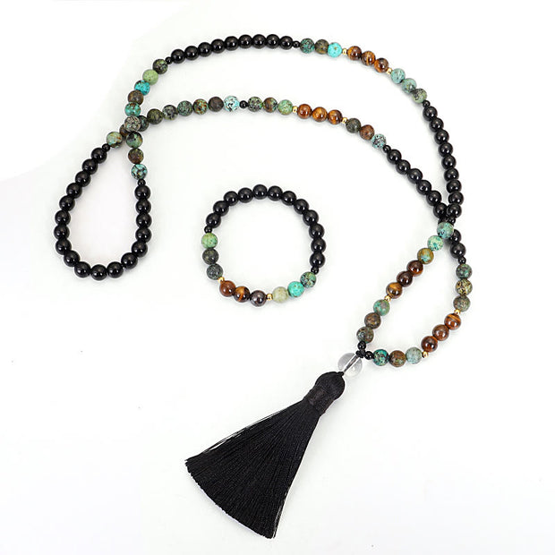 Buddha Stones 108 Mala Beads Natural Stone Tiger Eye Turquoise Protection Strength Bracelet Necklace
