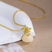 Buddha Stones White Jade Copper Coin Luck Money Bag Necklace Pendant Necklaces & Pendants BS 1
